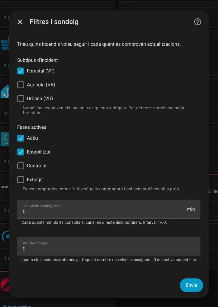 Segon pas del flux de configuració: subtipus d’incident, fases actives i interval de sondeig