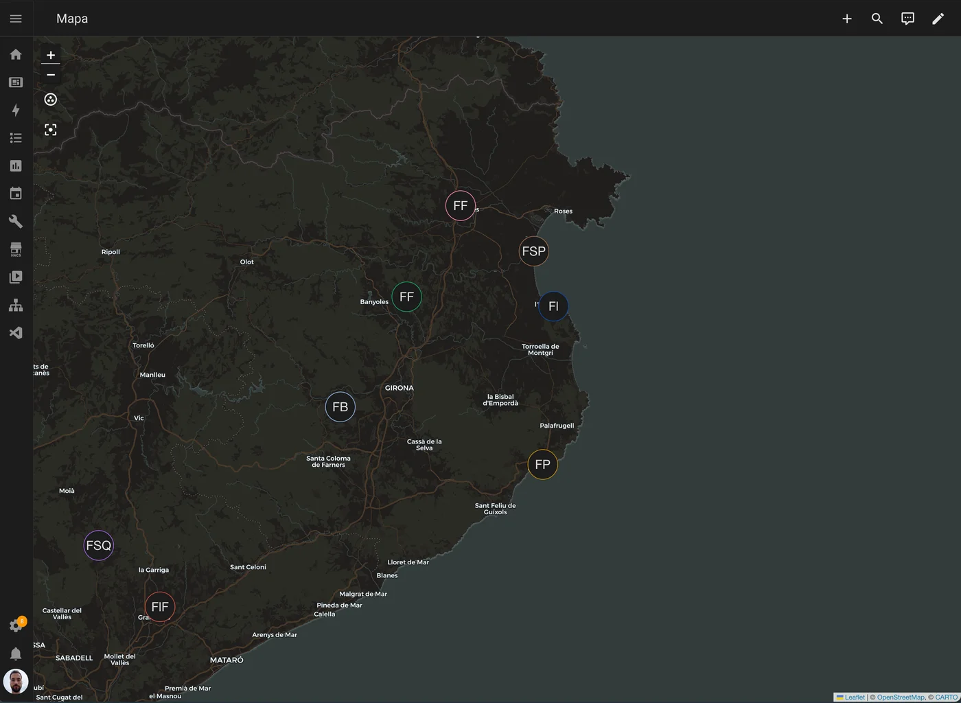 Mapa d’Incendis Catalunya amb els focs actius a la comarca de la Selva i el Gironès