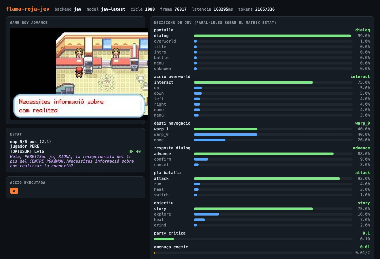Dashboard del harness al Centre Pokémon: la recepcionista explica la sala Unió i Jev respon «advance» una vegada i una altra